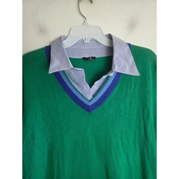 NOWT Talbots Green w/Blue Pinstrip Cotton Cashmere Blend Overlay Sweater Large - Picture 3 of 7